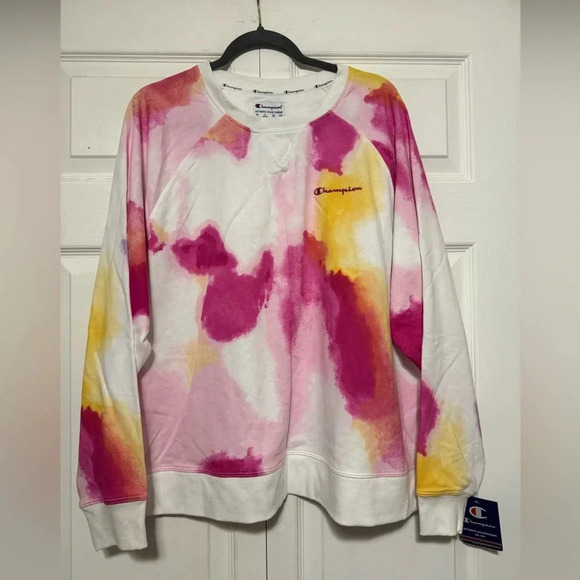 Champion White Pink Yellow Tie-Dye Long Sleeve Sweatshirt - Picture 2 of 6